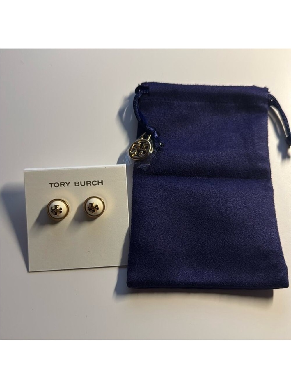 Tory Burch Gold Logo Cream Button Earrings New With Tags
